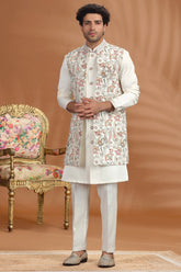 Pearl White Silk Printed Jacket Kurta Set